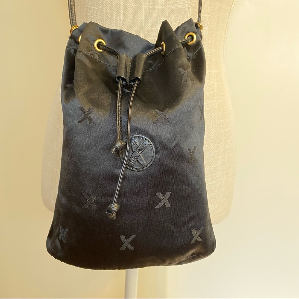Paloma Picasso Black Satin Monogram X Drawstring Bag